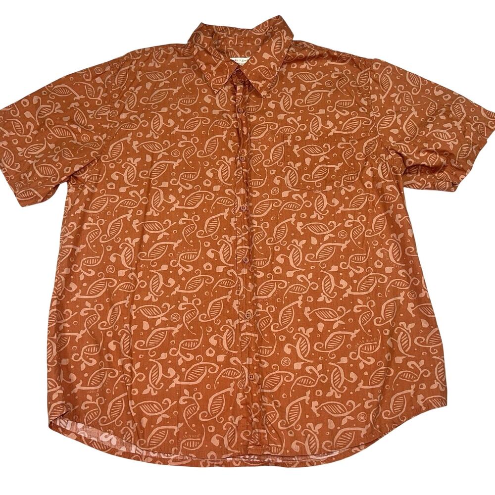 Life is Good Shirt Mens Size L Orange Batik Print Short Sleeve Button Golf Logo
